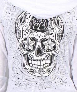 Hot Leathers GLZ4237 Ladies'Sugar Skull' Lightweight Slubby Hooded White Hoodie Motorcycle Jackets