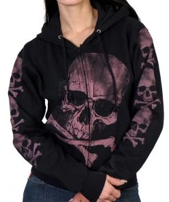 Hot Leathers GLZ4324 Ladies ‘Skull And Crossbones' Jumbo Print Ladies Hooded Sweatshirt Motorcycle Jackets