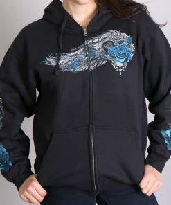 Hot Leathers GLZ4345 Ladies 'Angel Roses' Zip Up Hooded Ladies Black Sweat Shirt Motorcycle Jackets