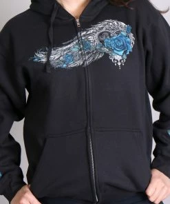 Hot Leathers GLZ4345 Ladies'Angel Roses' Zip Up Hooded Ladies Black Sweat Shirt Motorcycle Jackets