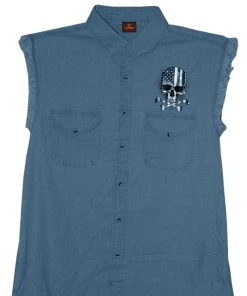 Sleveless Denim Shirts Hot Leathers GMD5372 Mens'Flag And Skull' Sleeveless Blue Denim Shirt