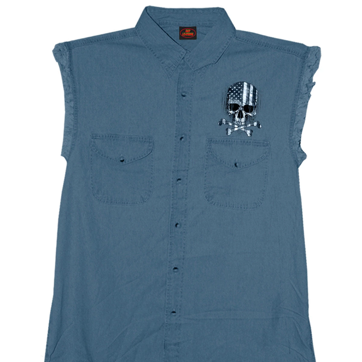 Sleveless Denim Shirts Hot Leathers GMD5372 Mens 'Flag And Skull' Sleeveless Blue Denim Shirt