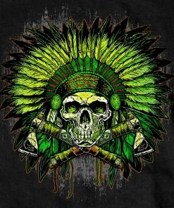 Riding Gear Hot Leathers GMS1463 Mens Green Indian Headdress Skull Black T-Shirt