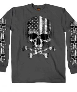 Hot Leathers GMS2391 Men’s ‘Flag Skull’ Long Sleeve Charcoal T-Shirt