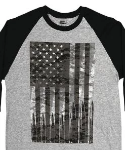 Hot Leathers GMS2486 Men's Flag Bullets Raglan 3/4 Sleeve Heather Black Shirt