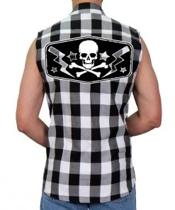 Riding Gear Hot Leathers GMS3490 Men’s Black And White Skull Sleeveless Flannel Shirt