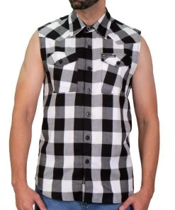 Riding Gear Hot Leathers GMS3490 Men’s Black And White Skull Sleeveless Flannel Shirt