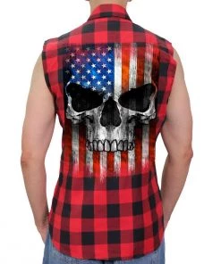 Hot Leathers GMS3491 Men’s Black And Red Patriot Skull Sleeveless Flannel Shirt