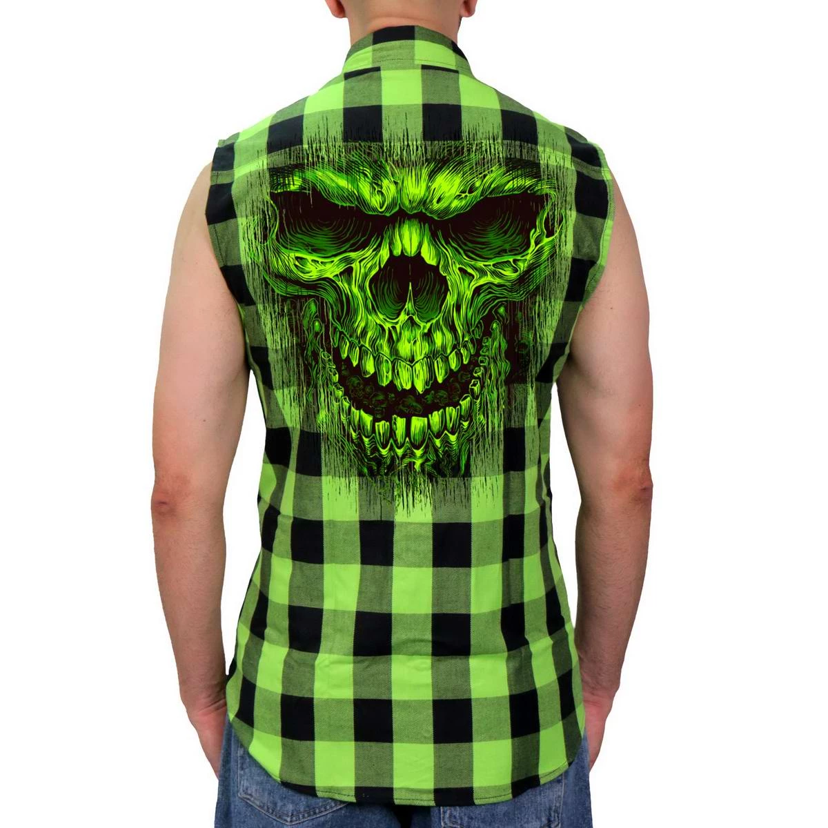 Hot Leathers GMS3492 Men’s Black And Green Shredder Skull Sleeveles Flannel Shirt Riding Gear