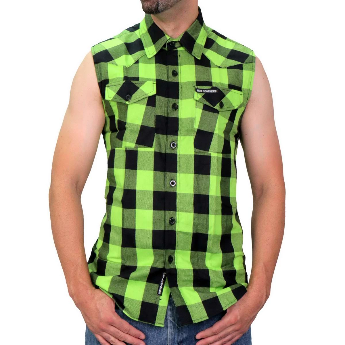 Hot Leathers GMS3492 Men’s Black And Green Shredder Skull Sleeveles Flannel Shirt Riding Gear