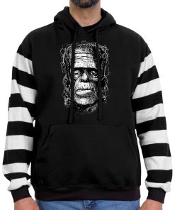 Motorcycle Jackets Hot Leathers GSM6006 Men's Black And White 'Frankie' Hooded Pullover Sweatshirt With Knit Strip Sleeves