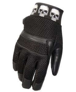 Riding Gear Hot Leathers GVM1301 Uni-Sex Black'Row Of Skulls' Leather And Mesh Gloves