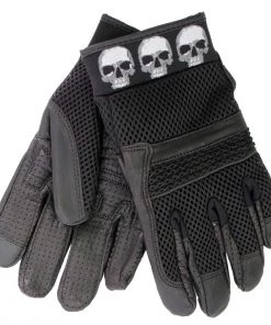 Riding Gear Hot Leathers GVM1301 Uni-Sex Black 'Row Of Skulls' Leather And Mesh Gloves
