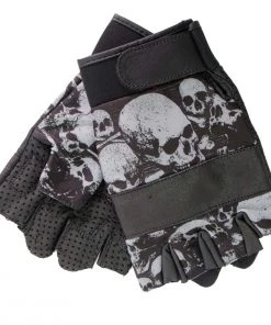 Riding Gear Hot Leathers GVM3009 Uni-Sex Black 'Ancient Skulls' Fingerless Leather Gloves