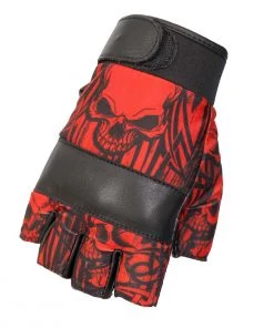 Hot Leathers GVM3010 Uni-Sex Black'Red Skull' Fingerless Leather Gloves