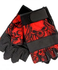 Hot Leathers GVM3010 Uni-Sex Black 'Red Skull' Fingerless Leather Gloves