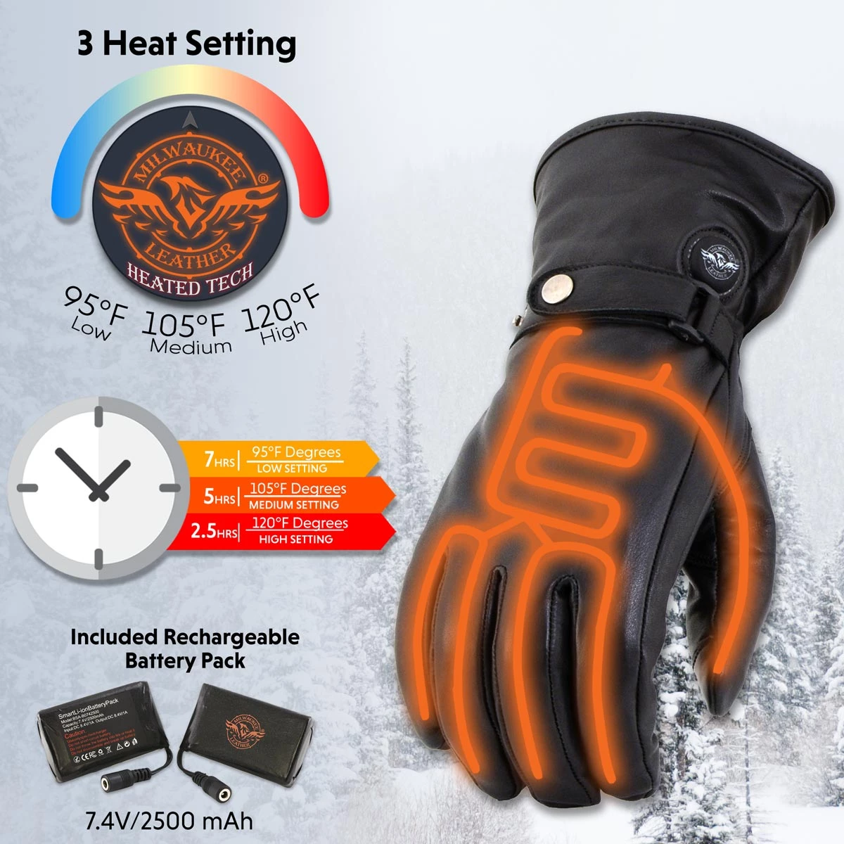 Milwaukee Leather MG7519SET Men’s Black Heated ‘Fashion Gloves’ With I-Touch Technology (Rechargeable Battery Pack Included)