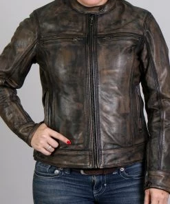 Hot Leathers JKL1024 Ladies Distressed Brown Leather Jacket With Gun Pockets Leather Motorcycle Jackets