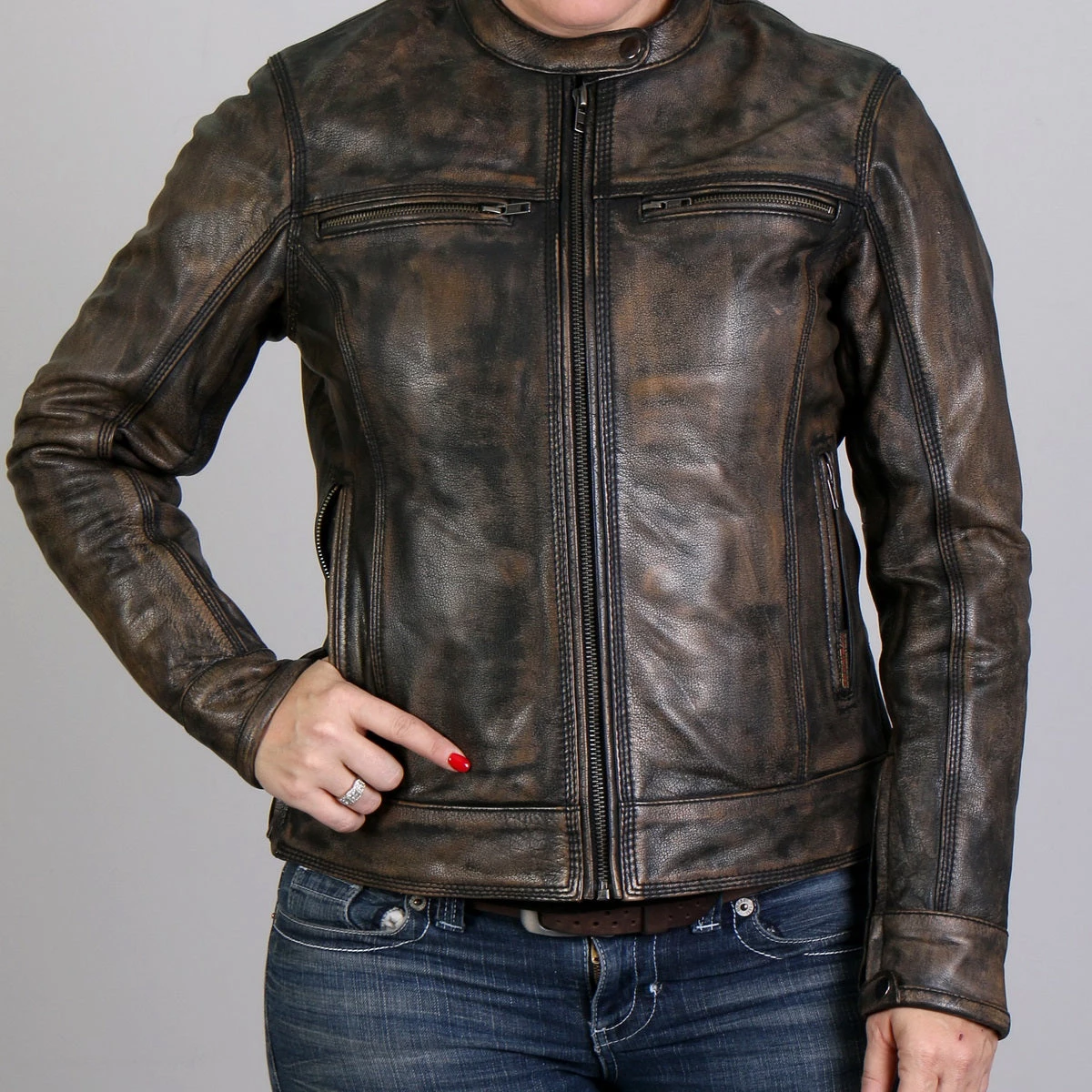 Hot Leathers JKL1024 Ladies Distressed Brown Leather Jacket With Gun Pockets Leather Motorcycle Jackets