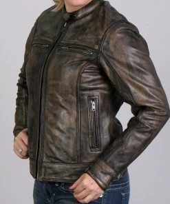 Hot Leathers JKL1024 Ladies Distressed Brown Leather Jacket With Gun Pockets Leather Motorcycle Jackets