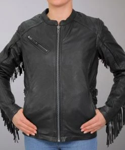 Leather Motorcycle Jackets Hot Leathers JKL1028 Studs And Fringe Ladies Black Carry Conceal Leather Jacket