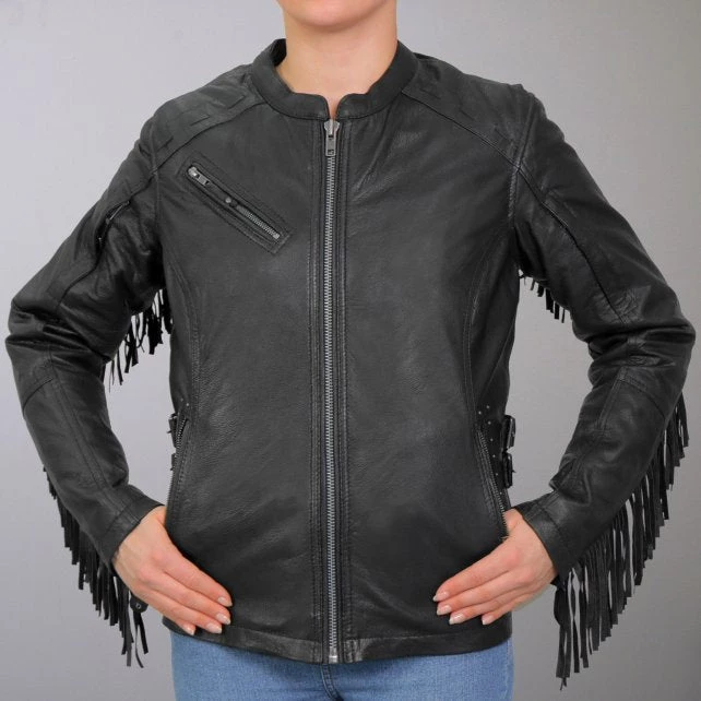 Leather Motorcycle Jackets Hot Leathers JKL1028 Studs And Fringe Ladies Black Carry Conceal Leather Jacket