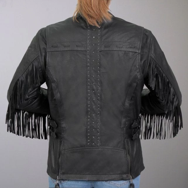 Leather Motorcycle Jackets Hot Leathers JKL1028 Studs And Fringe Ladies Black Carry Conceal Leather Jacket