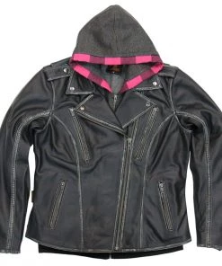 Hot Leathers JKL1033 Ladies Black Leather Jacket With Removable Hoodie Leather Motorcycle Jackets