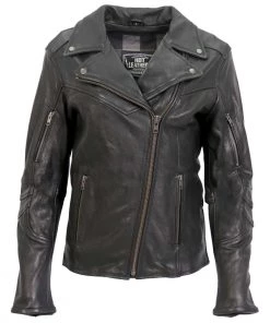 Hot Leathers JKL1034 Ladies Black Leather MC Jacket With Plaid Flannel Lining