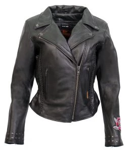 Hot Leathers JKL2001 Ladies Black Braided Motorcycle Leather Jacket With Embroidered Bling Rose Design