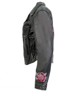 Hot Leathers JKL2001 Ladies Black Braided Motorcycle Leather Jacket With Embroidered Bling Rose Design