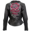 Hot Leathers JKL2001 Ladies Black Braided Motorcycle Leather Jacket With Embroidered Bling Rose Design