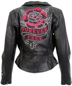 Hot Leathers JKL2001 Ladies Black Braided Motorcycle Leather Jacket With Embroidered Bling Rose Design