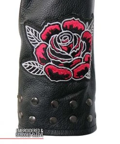 Hot Leathers JKL2001 Ladies Black Braided Motorcycle Leather Jacket With Embroidered Bling Rose Design