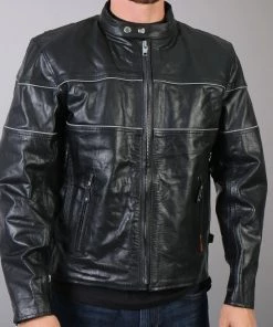 Hot Leathers JKM1004 Men's Leather Vented Scooter Jacket With Reflective Piping Leather Motorcycle Jackets