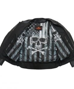 Hot Leathers JKM1032 Men’s Black ‘Skull Flag' Printed Leather Jacket With Concealed Carry Pockets Leather Motorcycle Jackets