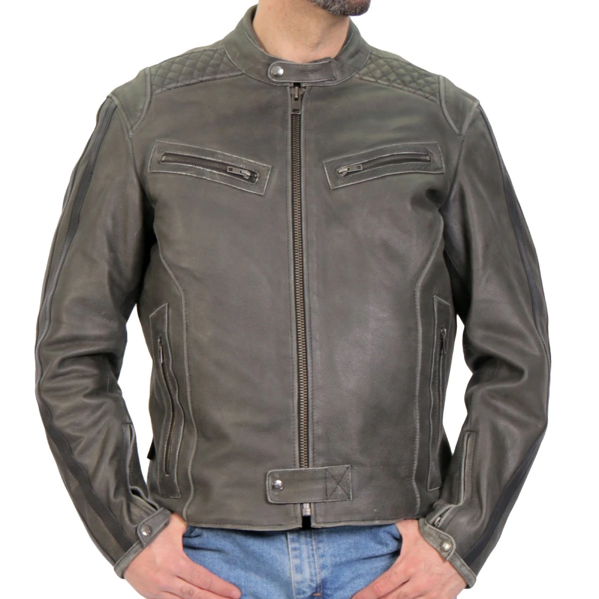 Hot Leathers JKM1033 Men’s Distress Grey ‘Café Racer' Leather Jacket With Concealed Carry Pockets Leather Motorcycle Jackets
