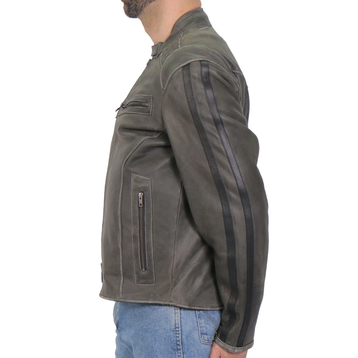Hot Leathers JKM1033 Men’s Distress Grey ‘Café Racer' Leather Jacket With Concealed Carry Pockets Leather Motorcycle Jackets