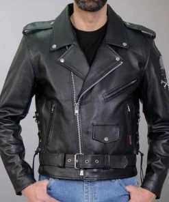 Hot Leathers JKM2001 Men’s Black ‘Skull And Crossbones' Motorcycle Leather Jacket Leather Motorcycle Jackets