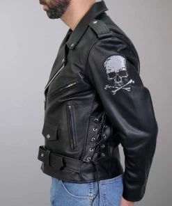 Hot Leathers JKM2001 Men’s Black ‘Skull And Crossbones' Motorcycle Leather Jacket Leather Motorcycle Jackets