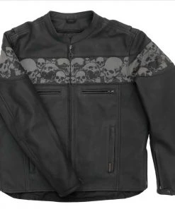 Leather Motorcycle Jackets Hot Leathers JKM2002 Men’s Black ‘Reflective Skull' Printed Leather Jacket With Concealed Carry Pockets