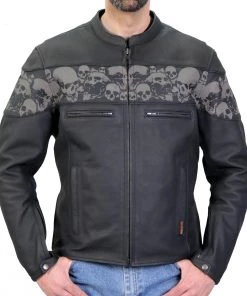 Leather Motorcycle Jackets Hot Leathers JKM2002 Men’s Black ‘Reflective Skull' Printed Leather Jacket With Concealed Carry Pockets
