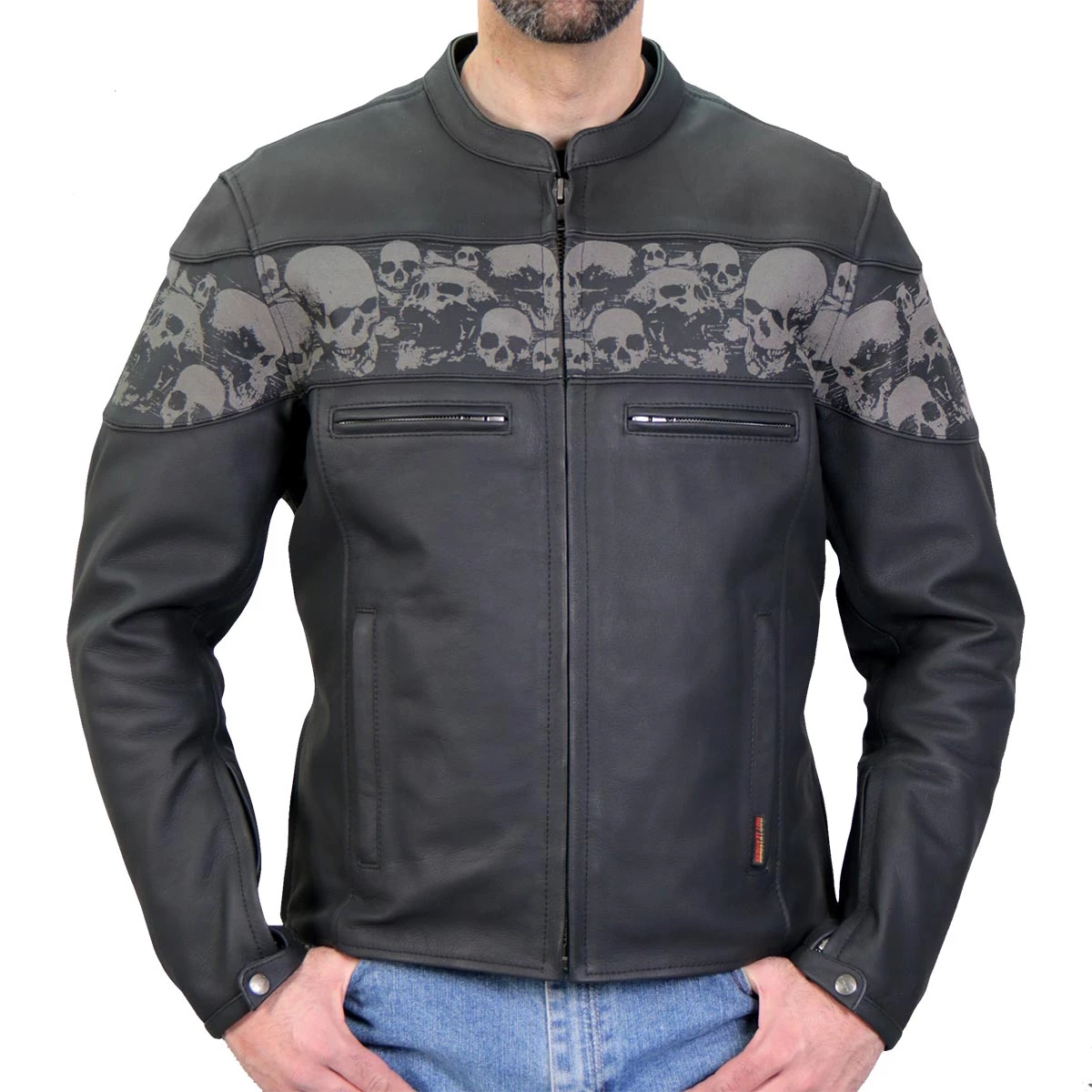 Leather Motorcycle Jackets Hot Leathers JKM2002 Men’s Black ‘Reflective Skull' Printed Leather Jacket With Concealed Carry Pockets
