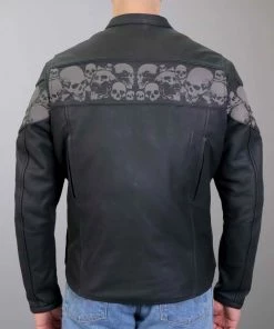 Leather Motorcycle Jackets Hot Leathers JKM2002 Men’s Black ‘Reflective Skull' Printed Leather Jacket With Concealed Carry Pockets