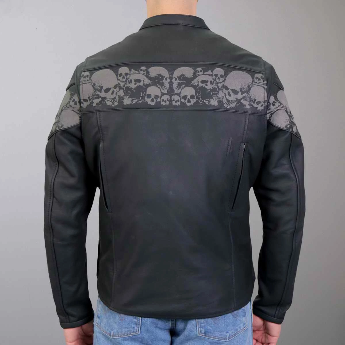 Leather Motorcycle Jackets Hot Leathers JKM2002 Men’s Black ‘Reflective Skull' Printed Leather Jacket With Concealed Carry Pockets