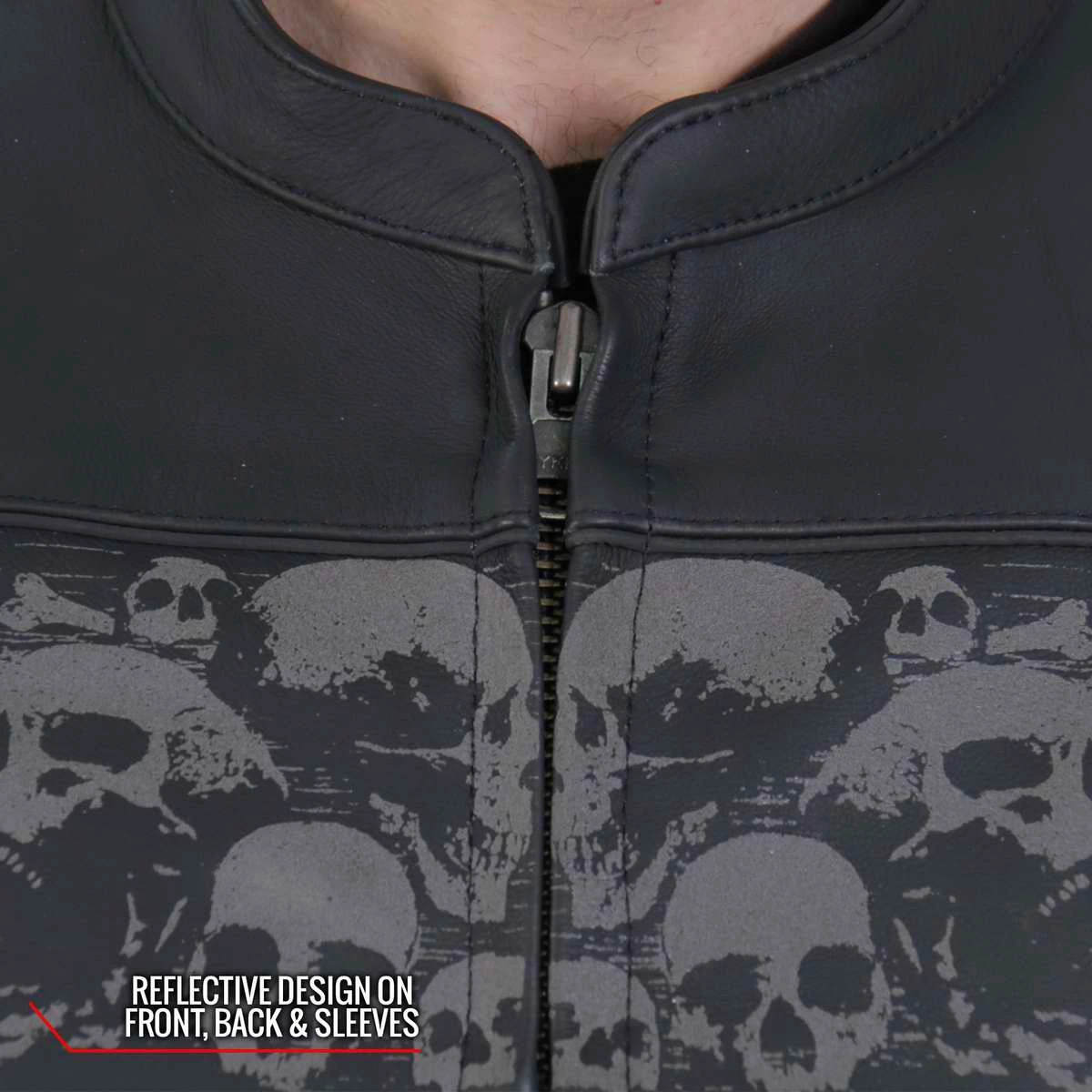 Leather Motorcycle Jackets Hot Leathers JKM2002 Men’s Black ‘Reflective Skull' Printed Leather Jacket With Concealed Carry Pockets