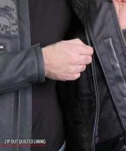 Leather Motorcycle Jackets Hot Leathers JKM2002 Men’s Black ‘Reflective Skull' Printed Leather Jacket With Concealed Carry Pockets