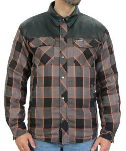 Motorcycle Jackets Hot Leathers JKM3202 Men's Grey Black And Orange Kevlar Reinforced Leather And Plaid Flannel Shirt