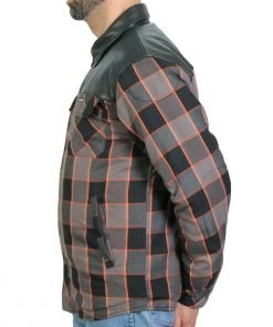 Motorcycle Jackets Hot Leathers JKM3202 Men's Grey Black And Orange Kevlar Reinforced Leather And Plaid Flannel Shirt