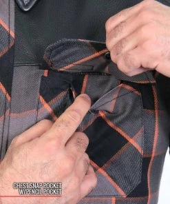 Motorcycle Jackets Hot Leathers JKM3202 Men's Grey Black And Orange Kevlar Reinforced Leather And Plaid Flannel Shirt